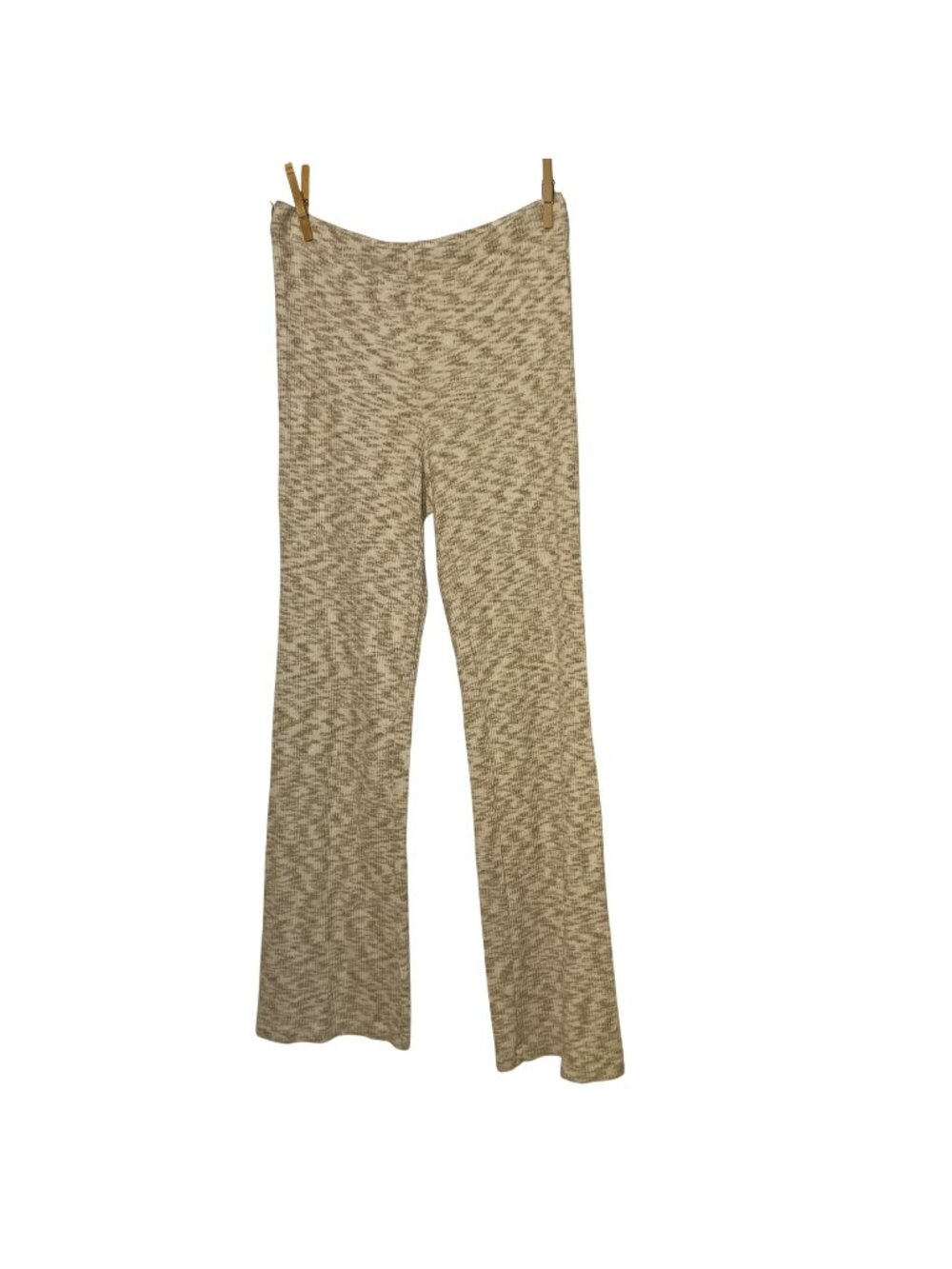 Aerie Rib Knit Marled Heathered Flare Leg Pull On Lounge Pants Tan White Sz MED